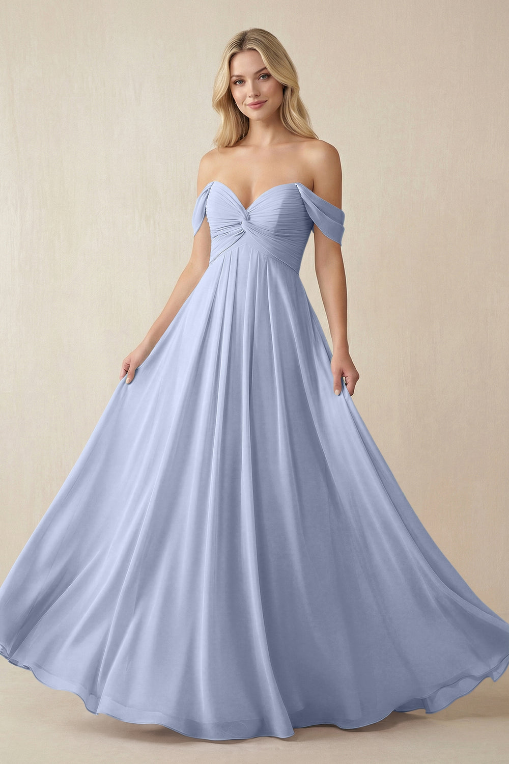 Off-the-Shoulder Chiffon A-Line Long Bridesmaid Dress in Ice