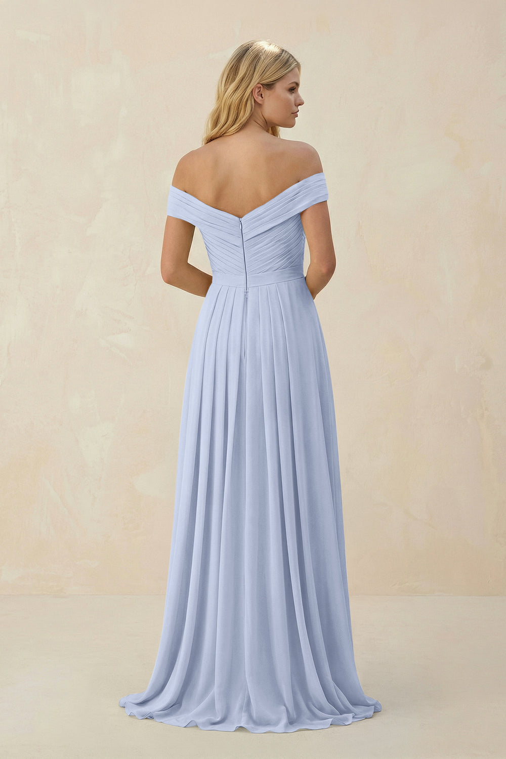 Off-the-Shoulder Pleated A-Line Chiffon Bridesmaid Dress in Ice