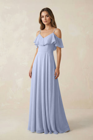 Ice Off-the-Shoulder Ruffled A-Line Chiffon Bridesmaid Dress | KISSBRIDAL