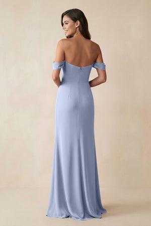 Ice Off-the-Shoulder Sheath Bridesmaid Dress with Slit (2) | KISSBRIDAL