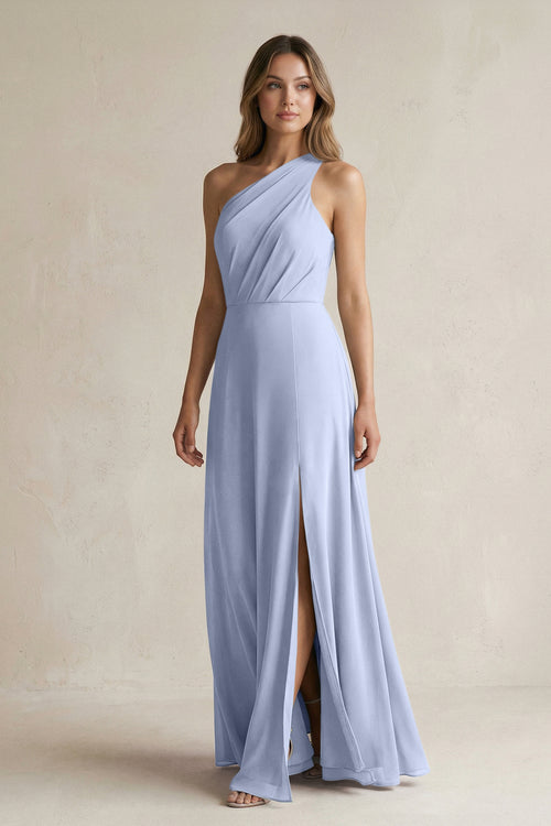 Ice One-Shoulder Chiffon A-Line Bridesmaid Dress With Slit | KISSBRIDAL