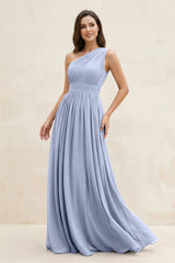 Ice One-Shoulder Pleated A-Line Chiffon Bridesmaid Dress | KISSBRIDAL