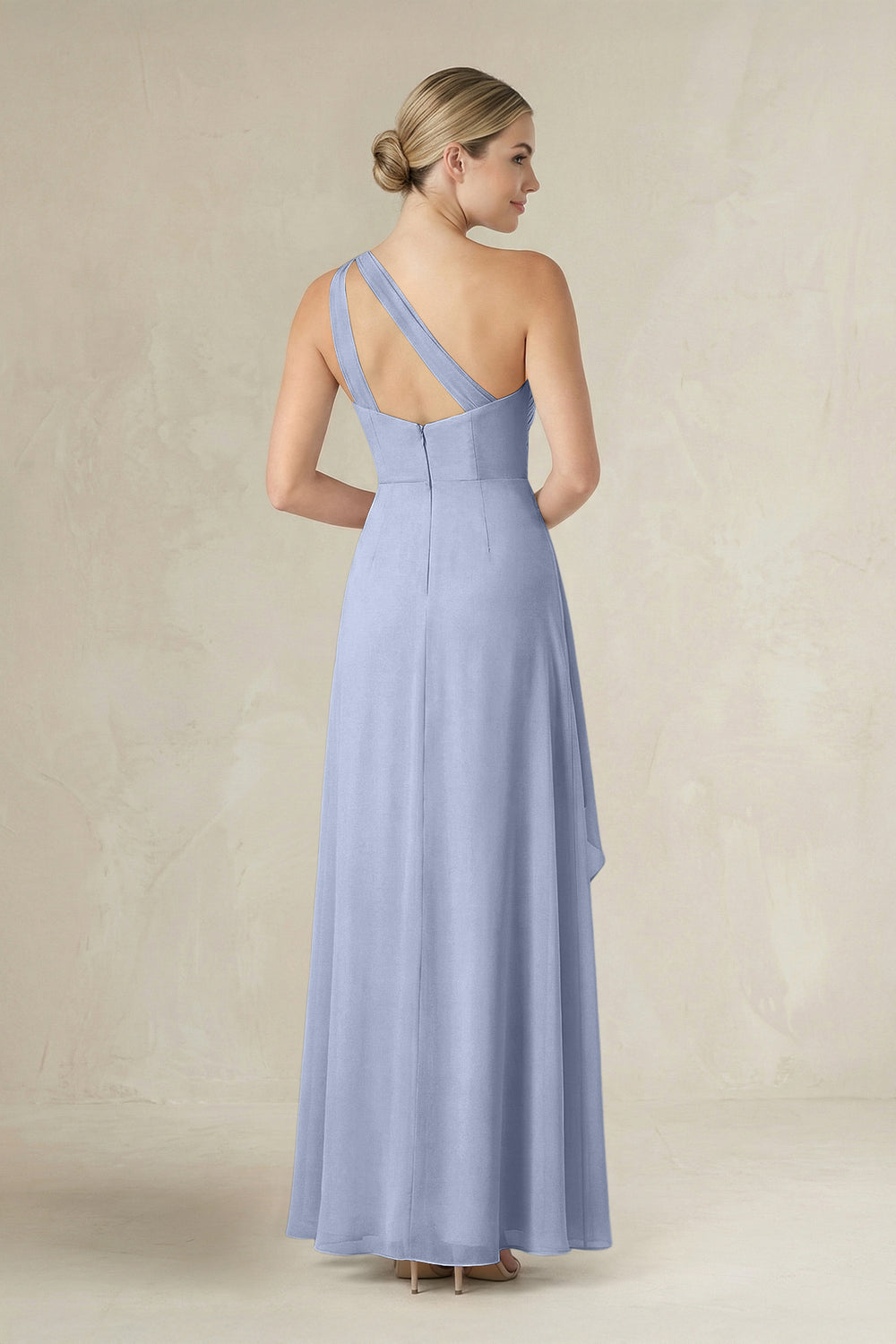One-Shoulder Sheath Ruched Ruffled Bridesmaid Dress in Ice