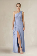 Ice One-Shoulder Sheath Ruched Ruffled Bridesmaid Dress in Ice | KISSBRIDAL
