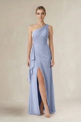 Ice One-Shoulder Sheath Ruched Ruffled Bridesmaid Dress in Ice | KISSBRIDAL