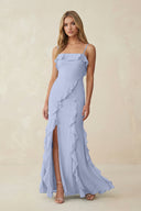 Ice Ruffled Cami Strap Chiffon Sheath Bridesmaid Dress | KISSBRIDAL