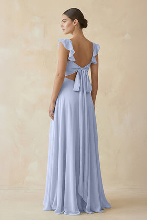 Ice Ruffled Chiffon A-Line Long Bridesmaid Dress (2) | KISSBRIDAL