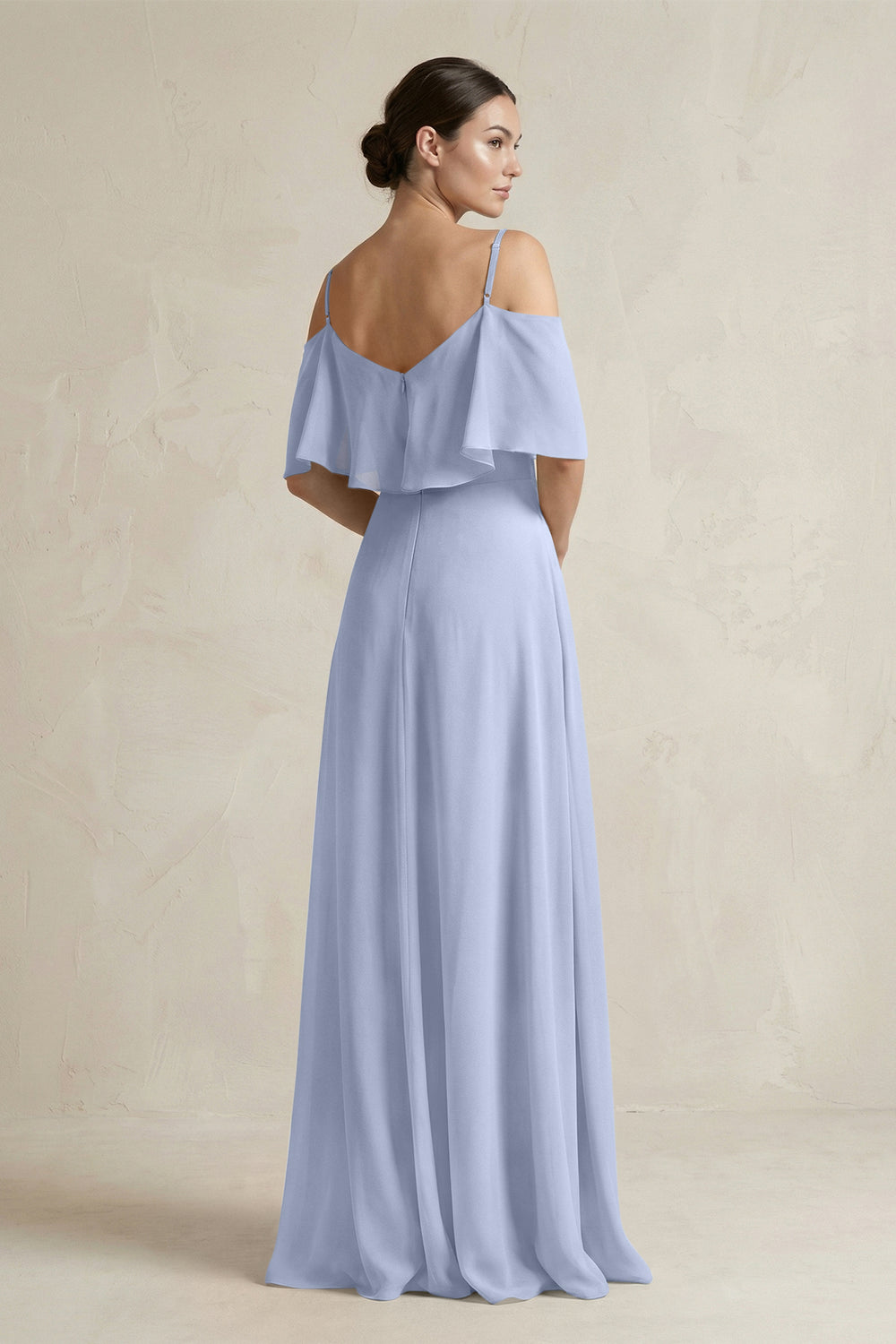 Ruffled Off-the-Shoulder A-Line Chiffon Bridesmaid Gown in Ice