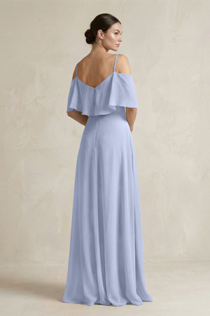 Ice Ruffled Off-the-Shoulder A-Line Chiffon Bridesmaid Gown (2) | KISSBRIDAL
