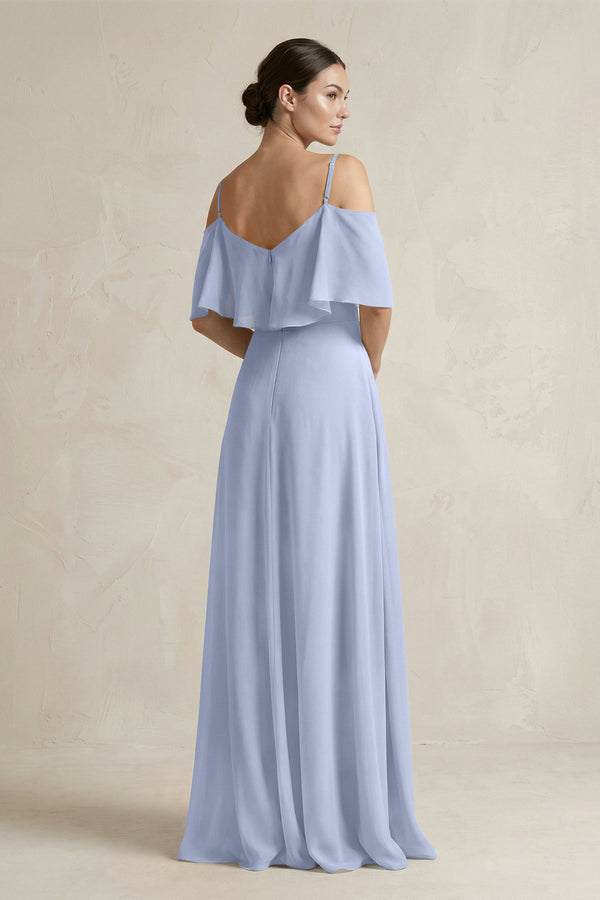 Ice Ruffled Off-the-Shoulder A-Line Chiffon Bridesmaid Gown (2) | KISSBRIDAL
