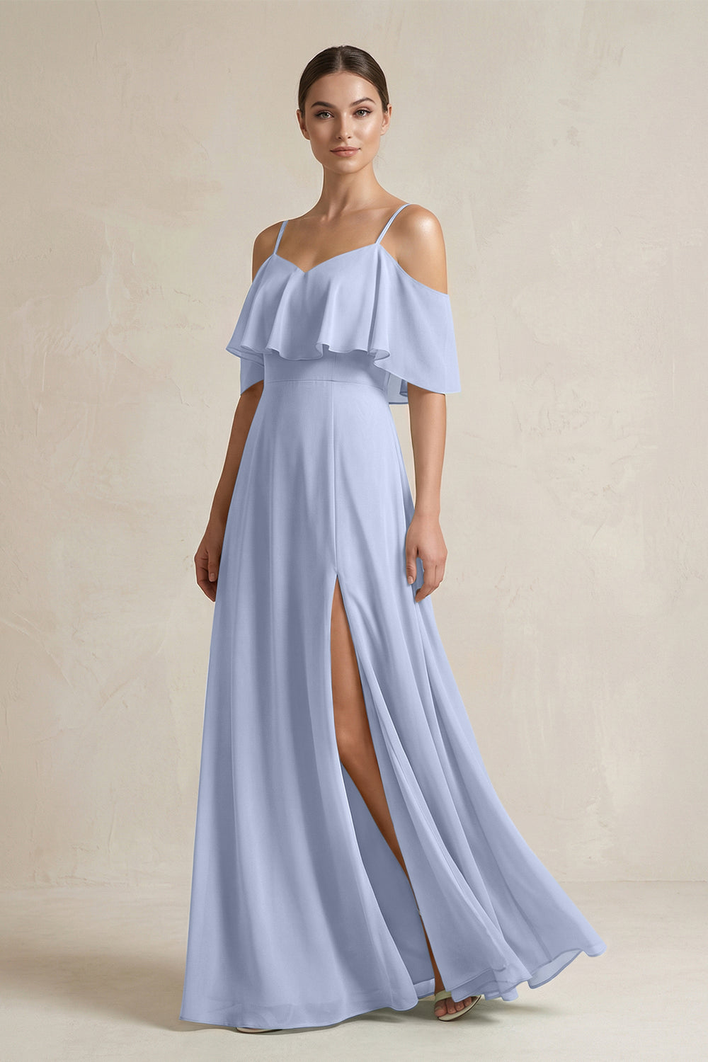 Ruffled Off-the-Shoulder A-Line Chiffon Bridesmaid Gown in Ice