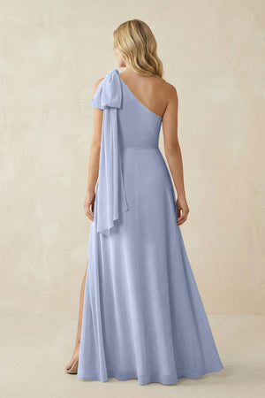 Ice Ruffled One Shoulder Chiffon Bridesmaid Dress With Slit in Ice (2) | KISSBRIDAL