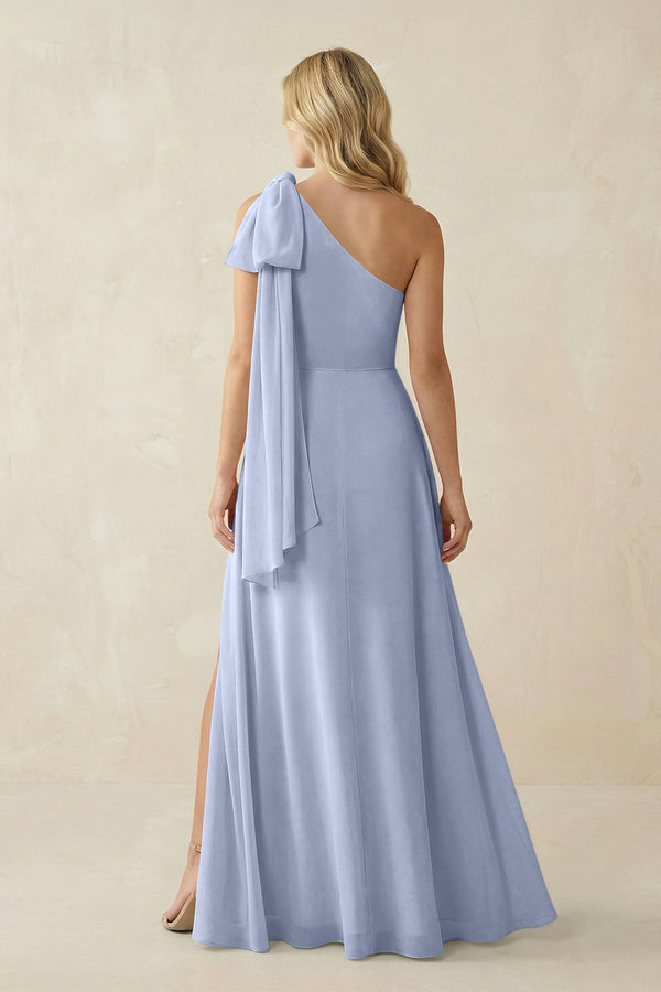 Ice Ruffled One Shoulder Chiffon Bridesmaid Dress With Slit in Ice (2) | KISSBRIDAL