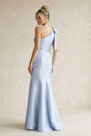 Ice Ruffled One-Shoulder Mermaid Satin Bridesmaid Dress with Bow (2) | KISSBRIDAL