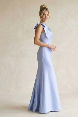 Ice Ruffled One-Shoulder Mermaid Satin Bridesmaid Dress with Bow (3) | KISSBRIDAL