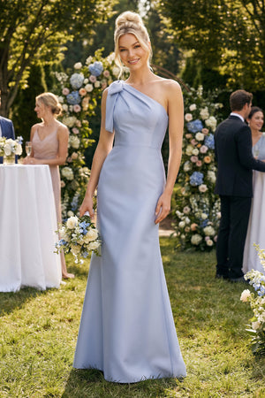 Ice Ruffled One-Shoulder Mermaid Satin Bridesmaid Dress with Bow (4) | KISSBRIDAL