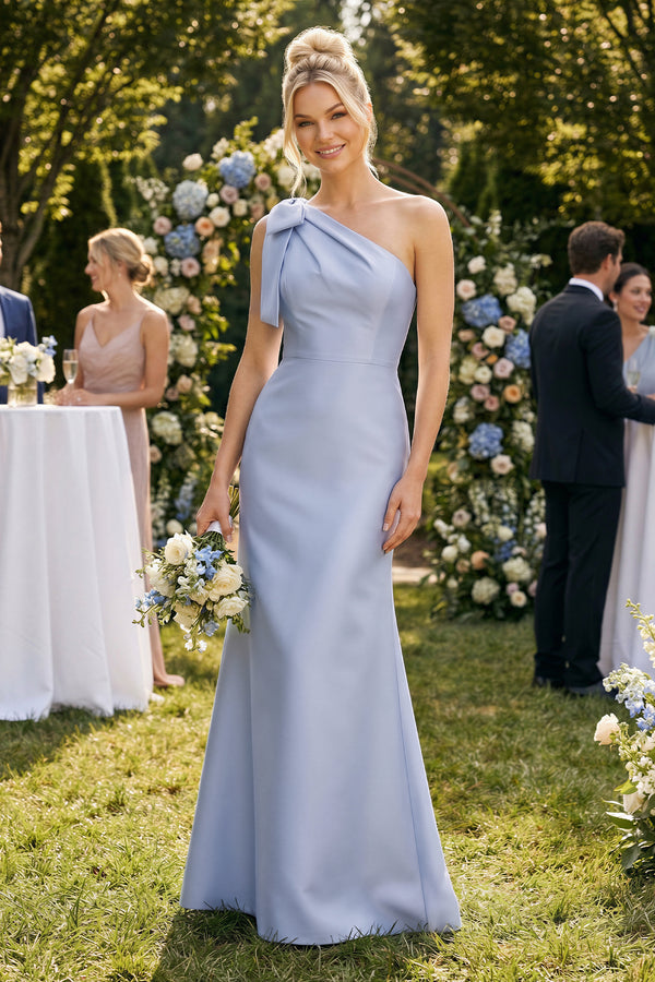 Ice Ruffled One-Shoulder Mermaid Satin Bridesmaid Dress with Bow (4) | KISSBRIDAL
