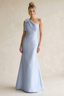 Ice Ruffled One-Shoulder Mermaid Satin Bridesmaid Dress with Bow | KISSBRIDAL