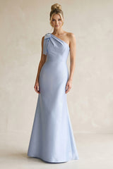 Ice Ruffled One-Shoulder Mermaid Satin Bridesmaid Dress with Bow | KISSBRIDAL