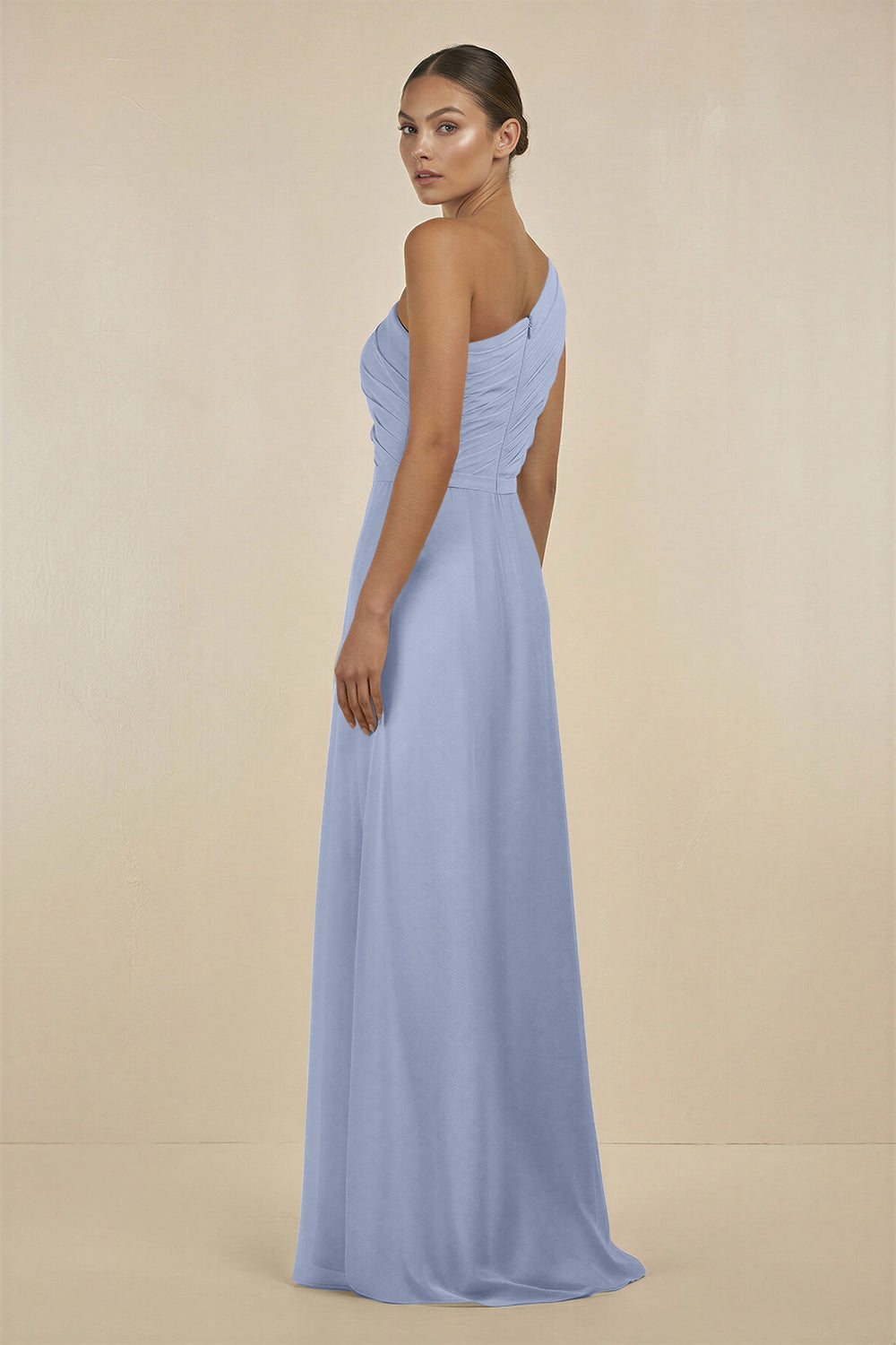 Ruffled One-Shoulder Pleated Sheath Bridesmaid Dress in Ice