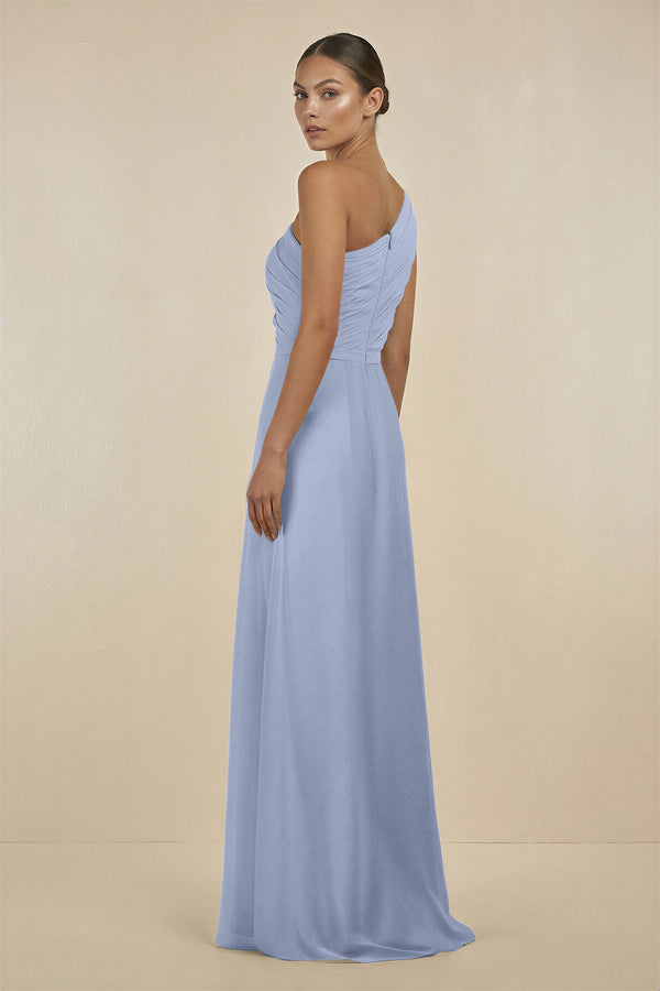 Ice Ruffled One-Shoulder Pleated Sheath Bridesmaid Dress (2) | KISSBRIDAL