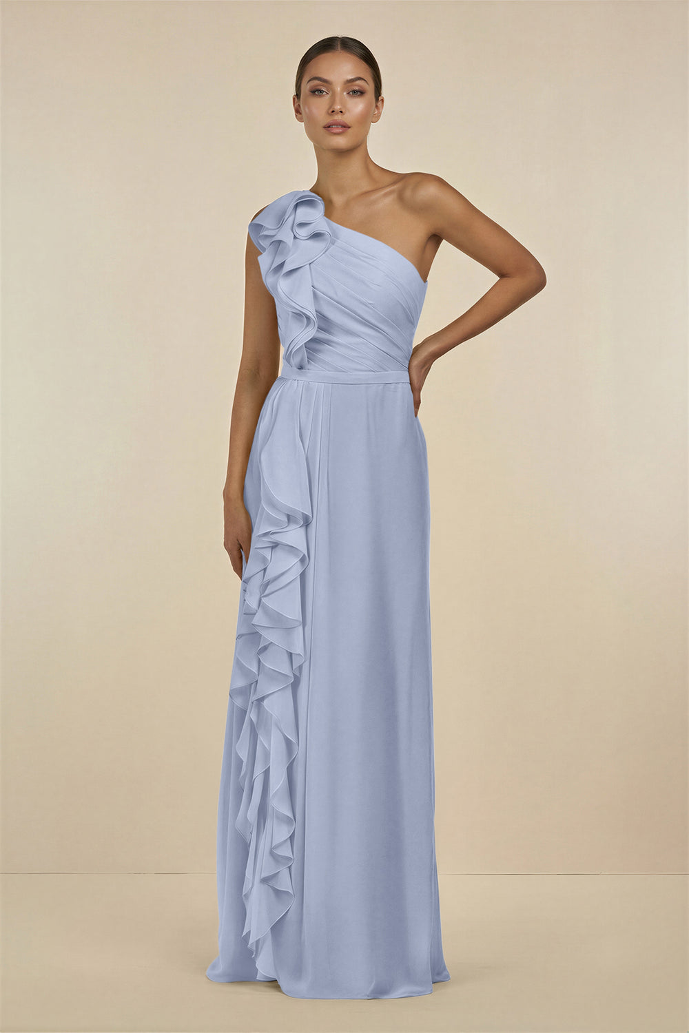 Ruffled One-Shoulder Pleated Sheath Bridesmaid Dress in Ice