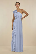 Ice Ruffled One-Shoulder Pleated Sheath Bridesmaid Dress | KISSBRIDAL