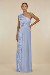 Ice Ruffled One-Shoulder Pleated Sheath Bridesmaid Dress | KISSBRIDAL