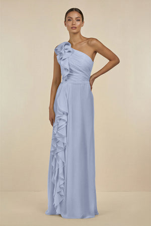 Ice Ruffled One-Shoulder Pleated Sheath Bridesmaid Dress | KISSBRIDAL