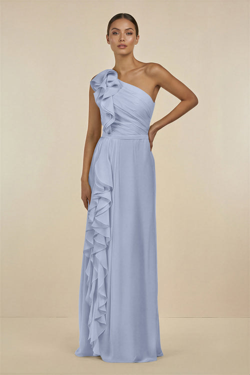 Ice Ruffled One-Shoulder Pleated Sheath Bridesmaid Dress | KISSBRIDAL