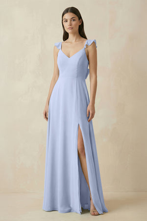 Ice Ruffled Sleeve A-Line Chiffon Bridesmaid Dress | KISSBRIDAL