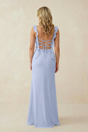 Ice Ruffled Sleeve Ruched Sheath Chiffon Bridesmaid Dress (2) | KISSBRIDAL