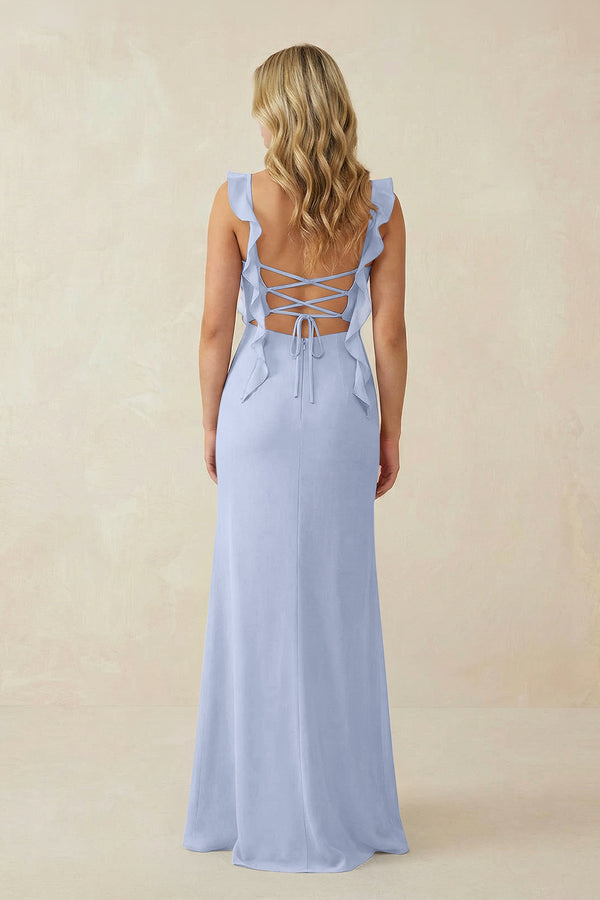 Ice Ruffled Sleeve Ruched Sheath Chiffon Bridesmaid Dress (2) | KISSBRIDAL
