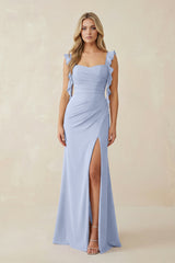 Ice Ruffled Sleeve Ruched Sheath Chiffon Bridesmaid Dress | KISSBRIDAL