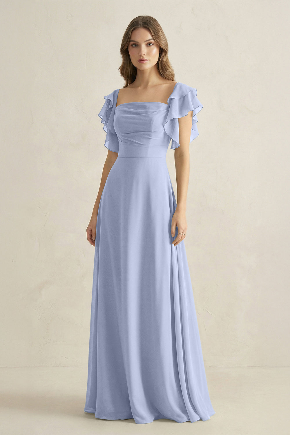 Ruffled Sleeves A-Line Chiffon Bridesmaid Dress in Ice