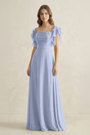 Ice Ruffled Sleeves A-Line Chiffon Bridesmaid Dress | KISSBRIDAL