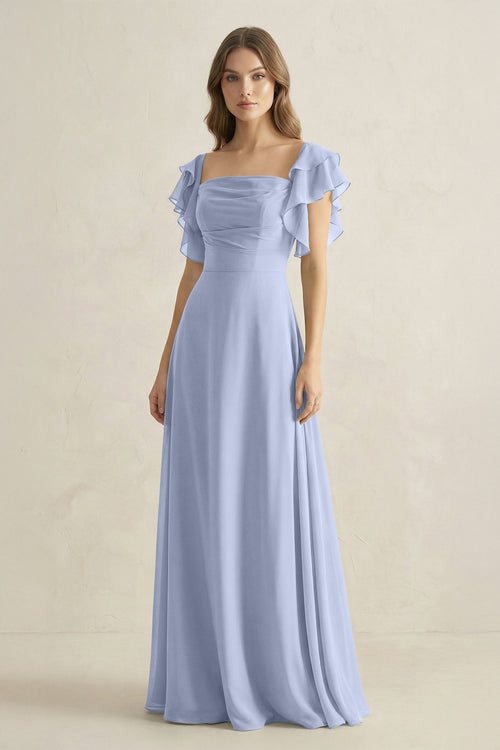 Ice Ruffled Sleeves A-Line Chiffon Bridesmaid Dress | KISSBRIDAL
