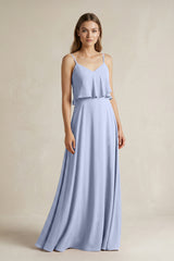 Ice Ruffled Spaghetti Strap A-Line Chiffon Bridesmaid Dress in Ice | KISSBRIDAL