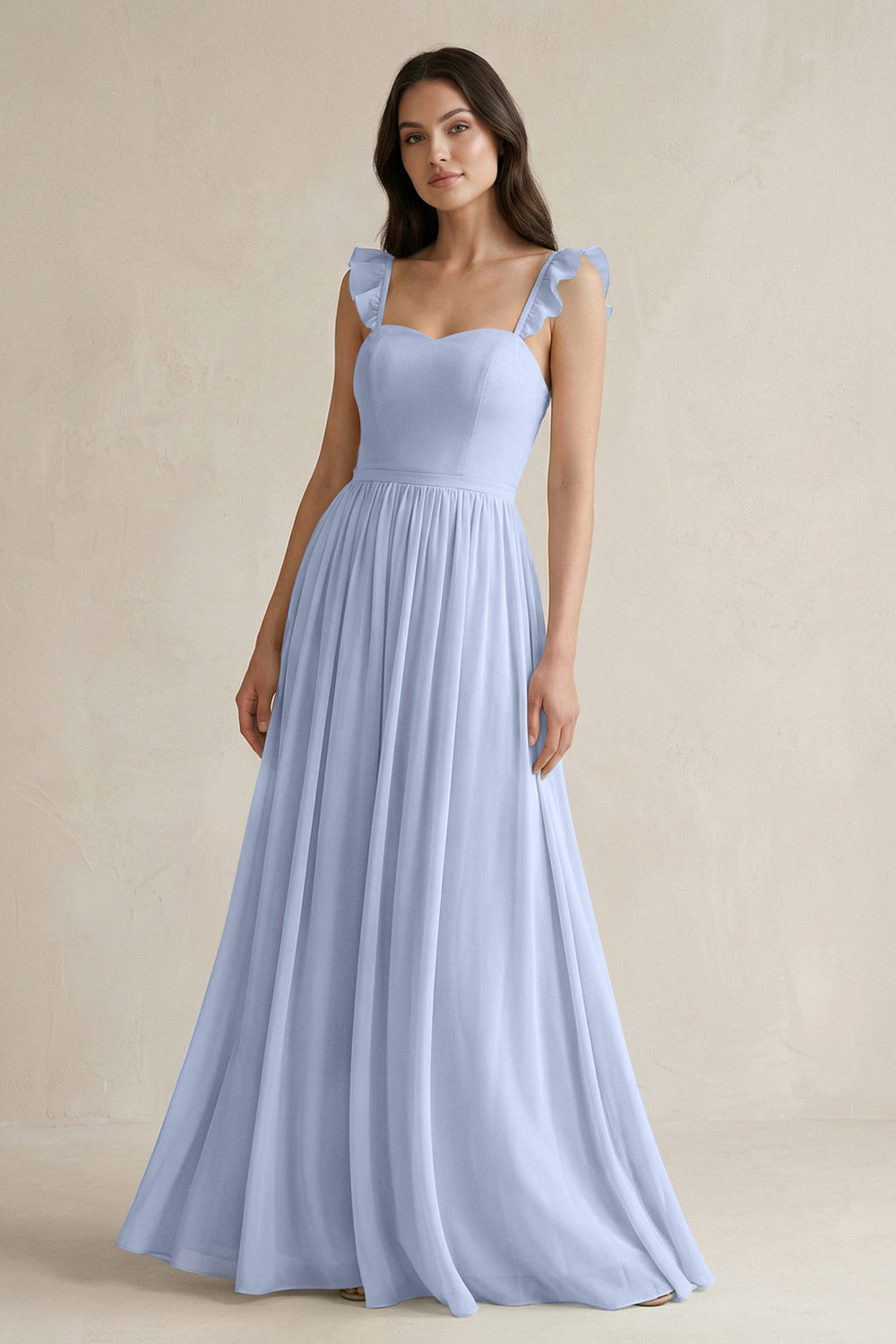 Ruffled Spaghetti Strap Chiffon A-Line Bridesmaid Dress in Ice