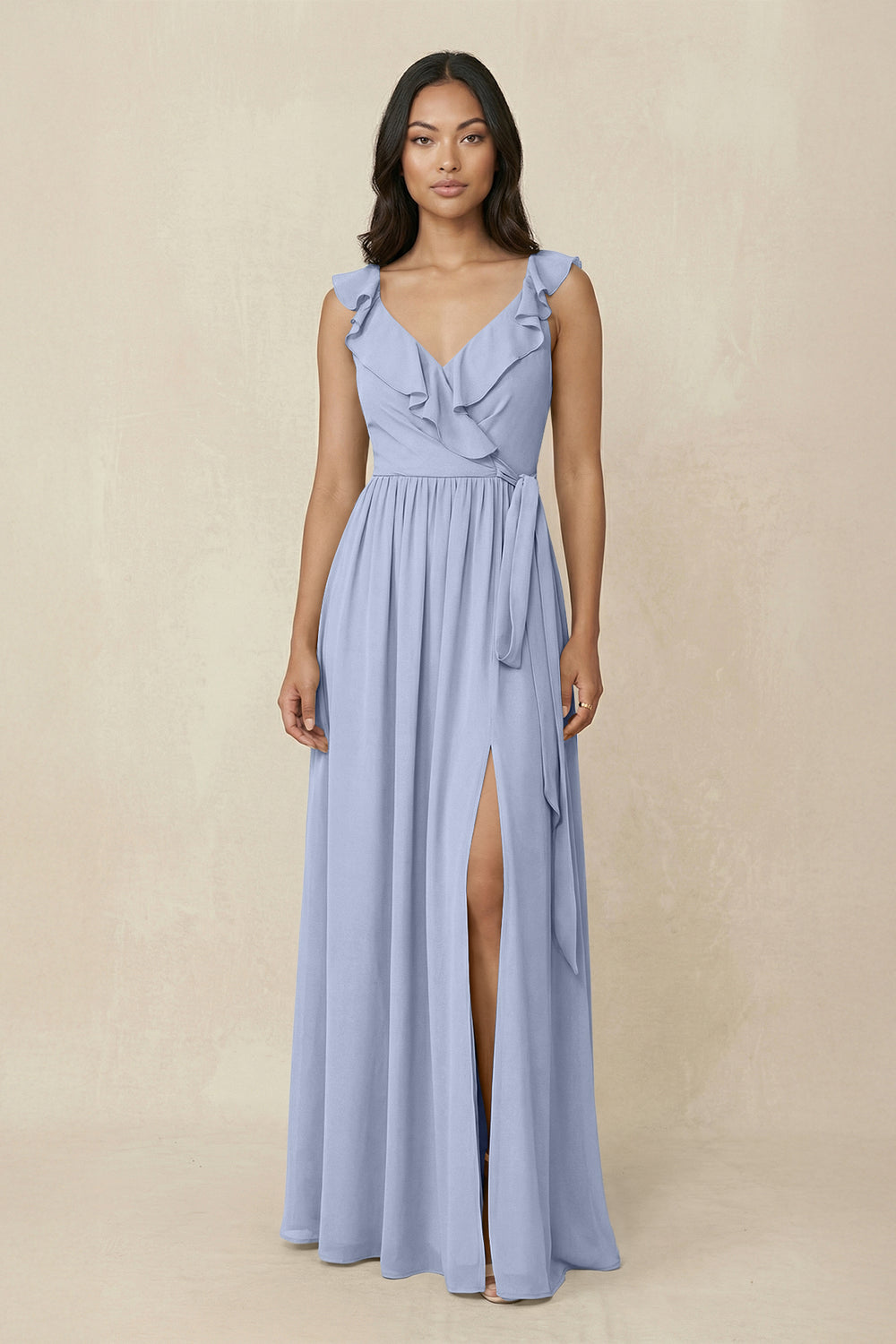 Ruffled V-Neck A-Line Chiffon Bridesmaid Dress in Ice