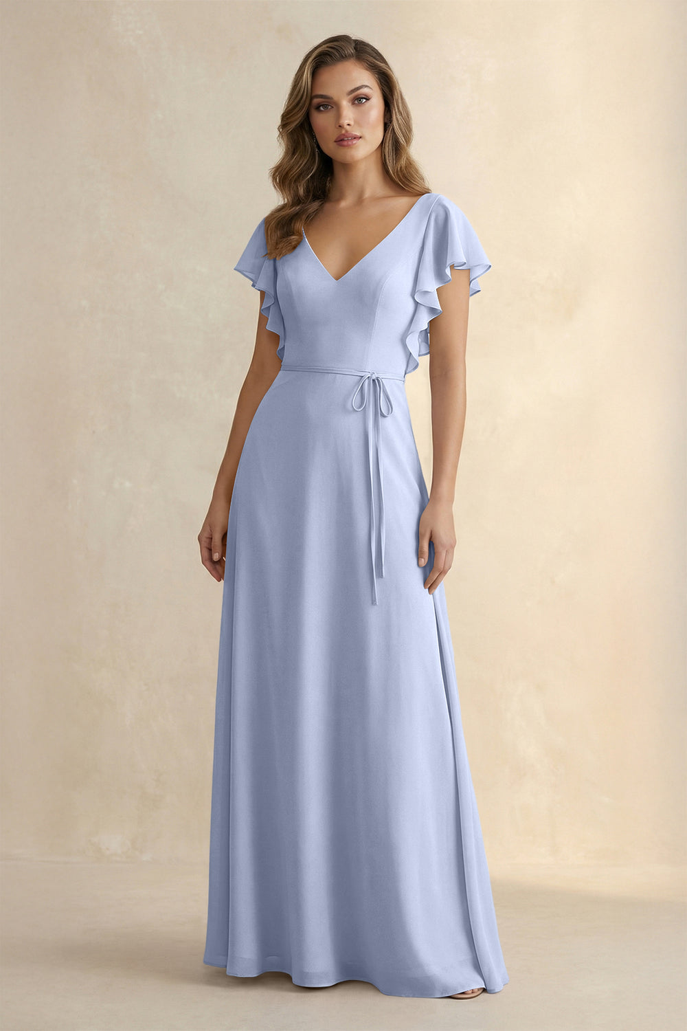 Ruffled V-Neck Chiffon A-Line Bridesmaid Dress in Ice