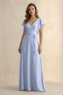 Ice Ruffled V-Neck Chiffon A-Line Bridesmaid Dress | KISSBRIDAL
