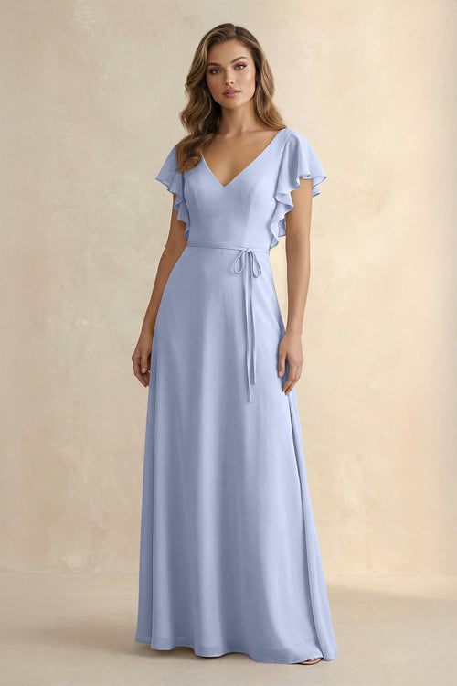 Ice Ruffled V-Neck Chiffon A-Line Bridesmaid Dress | KISSBRIDAL