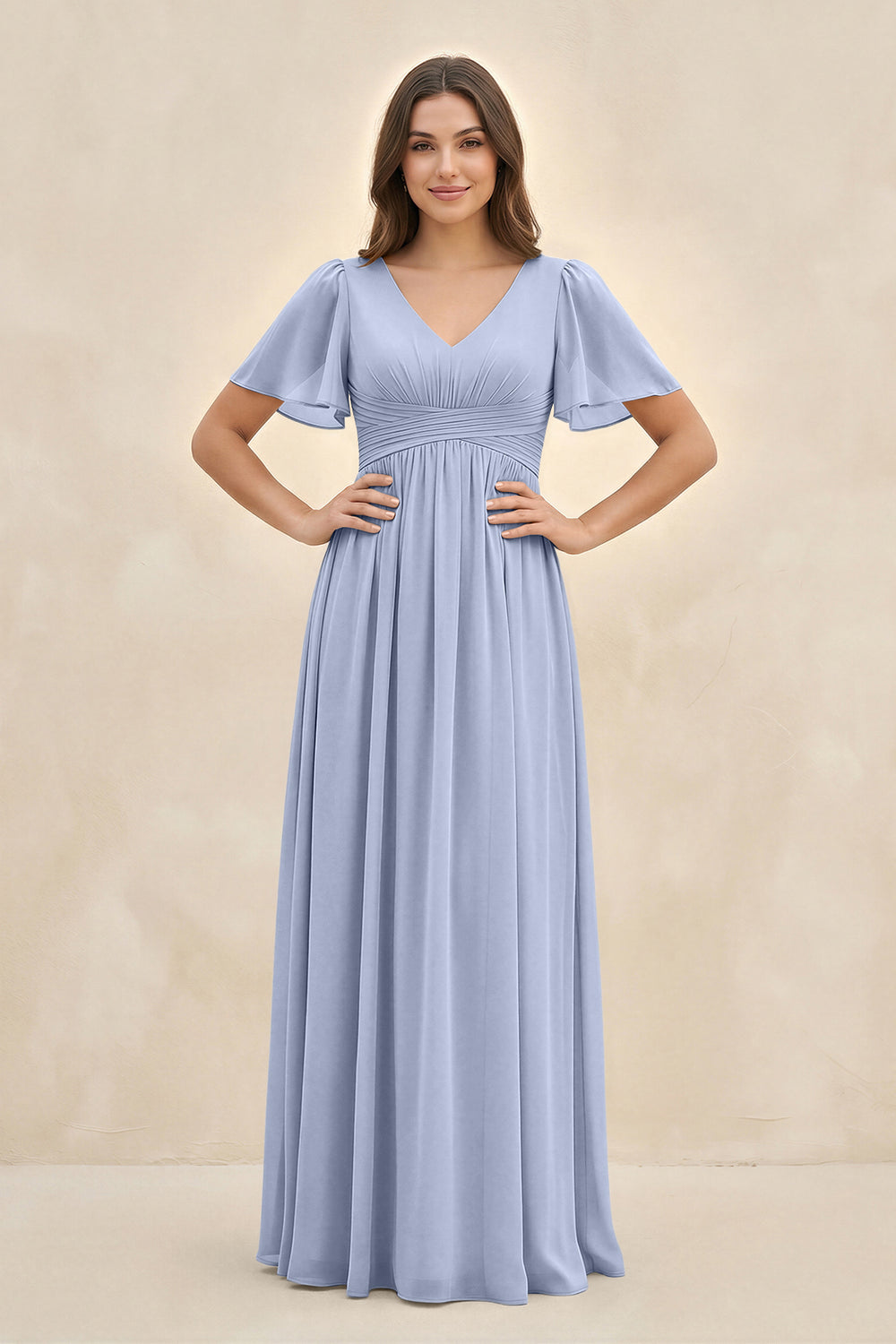 Short Sleeve Chiffon V-Neck A-Line Bridesmaid Dress in Ice