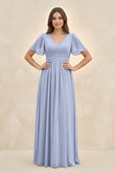 Ice Short Sleeve Chiffon V-Neck A-Line Bridesmaid Dress | KISSBRIDAL