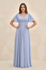 Ice Short Sleeve Chiffon V-Neck A-Line Bridesmaid Dress | KISSBRIDAL