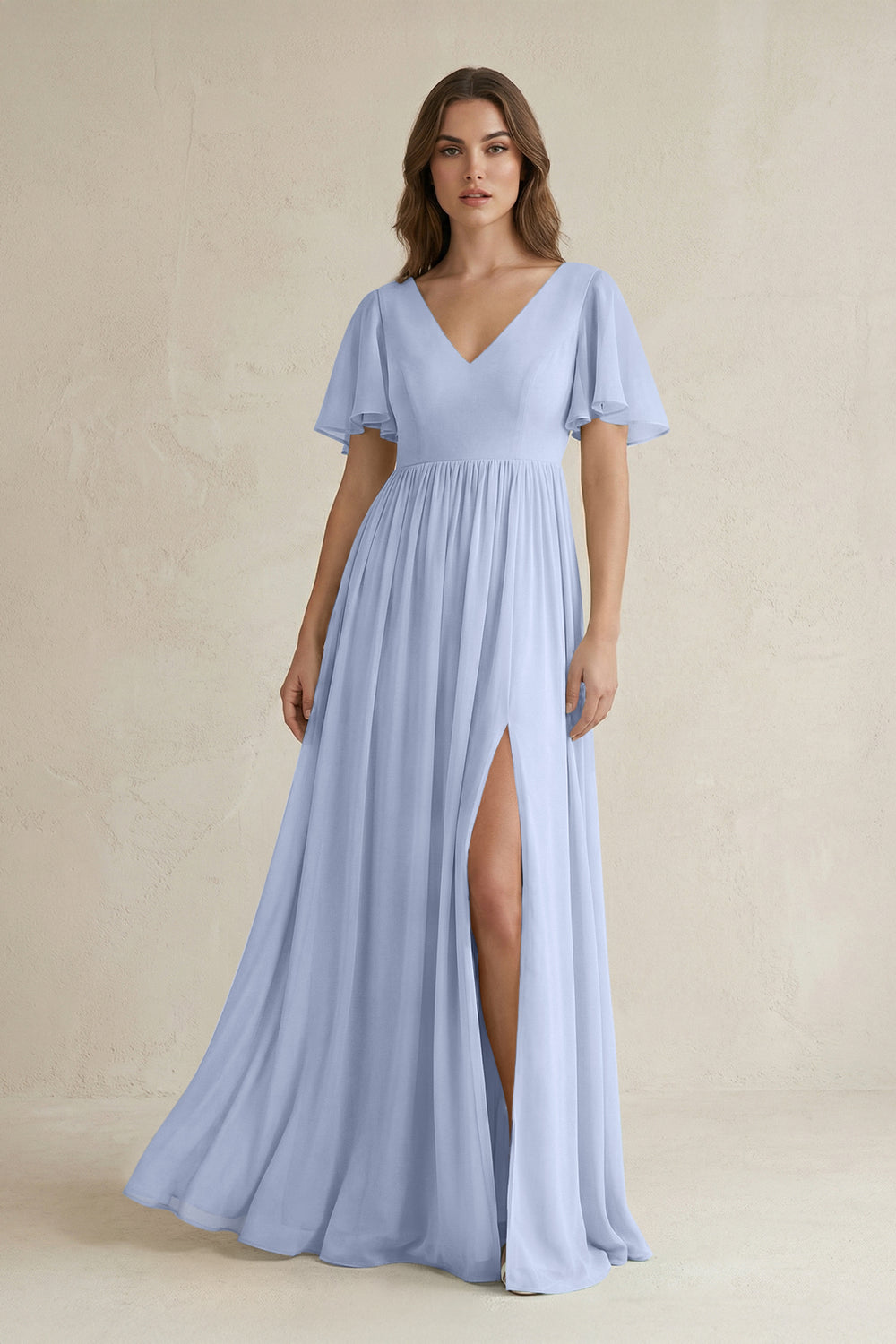 Short Sleeve V-Neck A-Line Chiffon Bridesmaid Dress in Ice