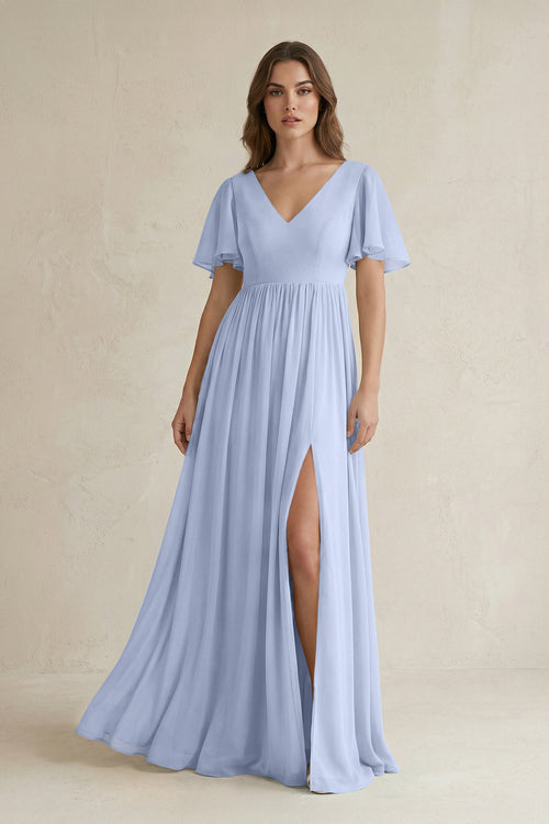 Ice Short Sleeve V-Neck A-Line Chiffon Bridesmaid Dress | KISSBRIDAL
