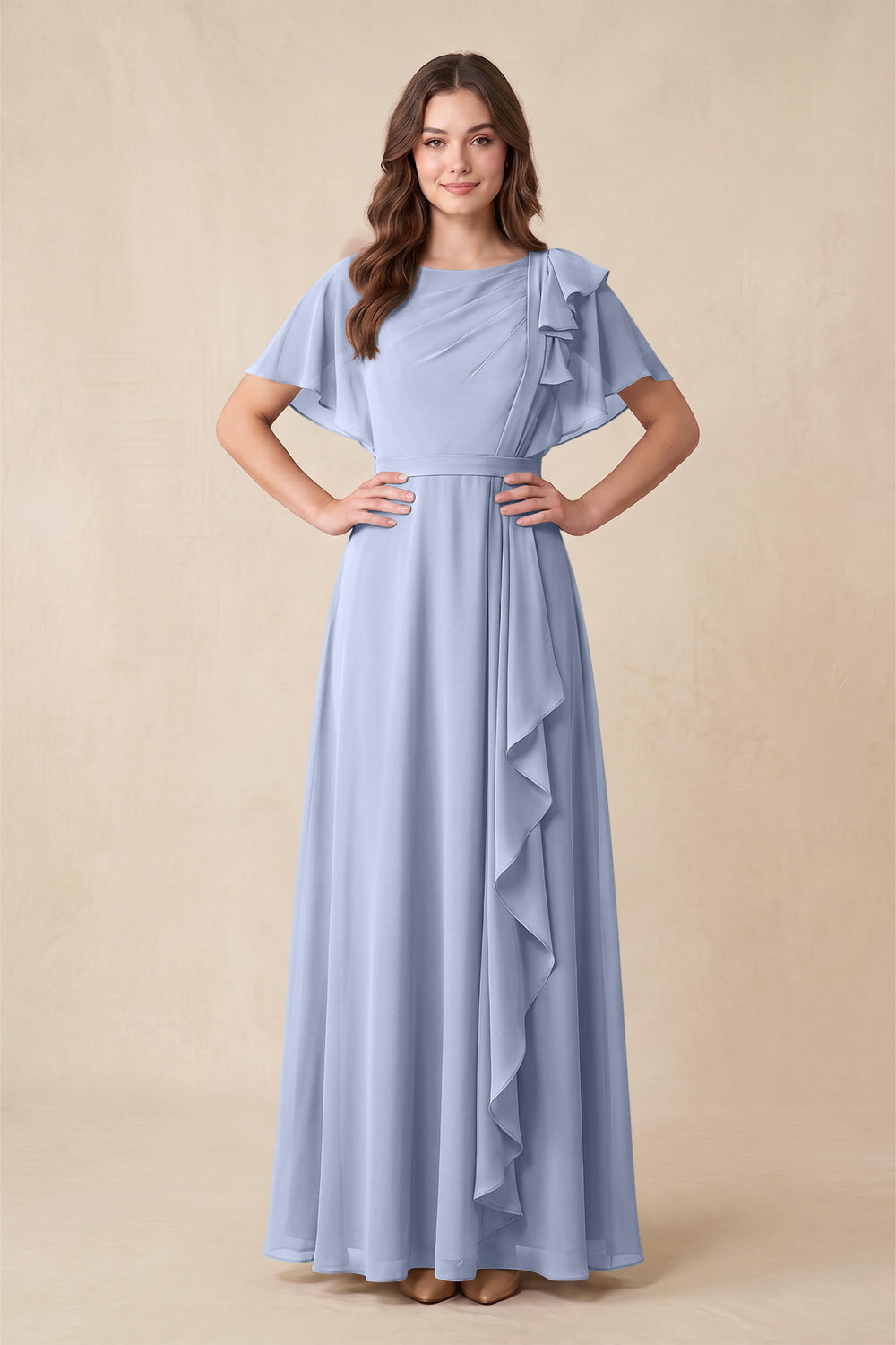Short Sleeves Bateau A-Line Chiffon Bridesmaid Dress in Ice