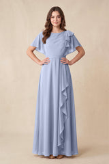 Ice Short Sleeves Bateau A-Line Chiffon Bridesmaid Dress | KISSBRIDAL